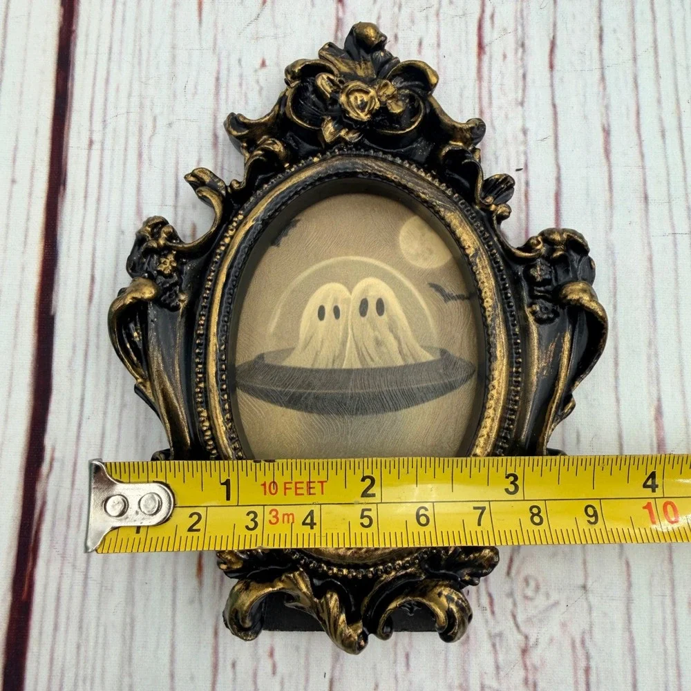 Ghost UFO Art Print in Ornate Black Gold Resin Frame Spooky Halloween Decor